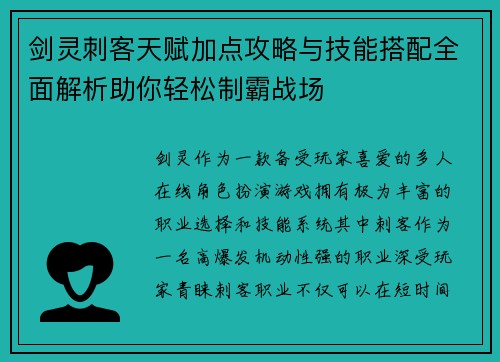 剑灵刺客天赋加点攻略与技能搭配全面解析助你轻松制霸战场